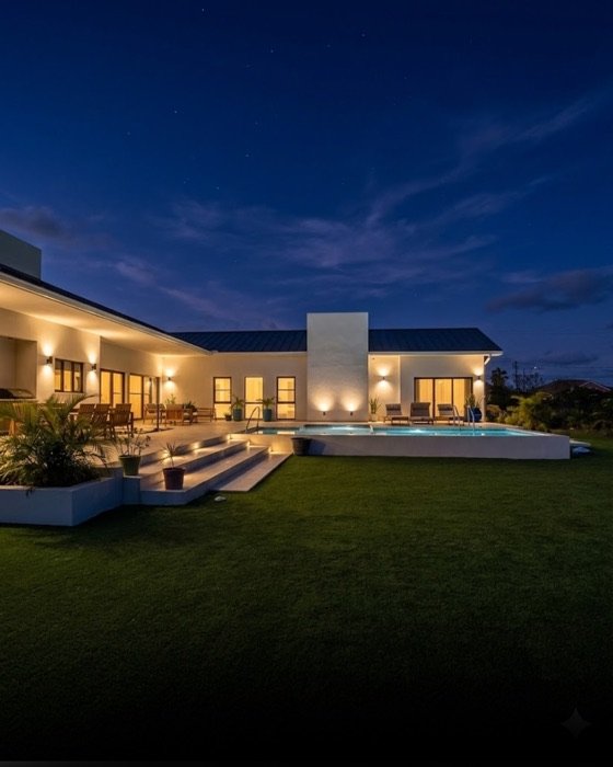 Twilight patio and pool at a J&R-built home in Grand Cayman