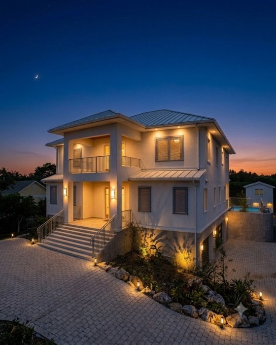Two-storey J&R Construction home at dusk with driveway lighting