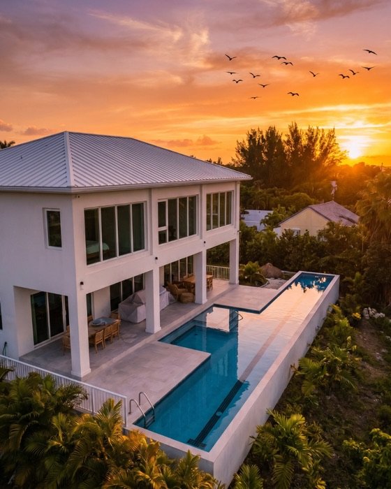 J&R-built two-storey home at sunset with rooftop pool