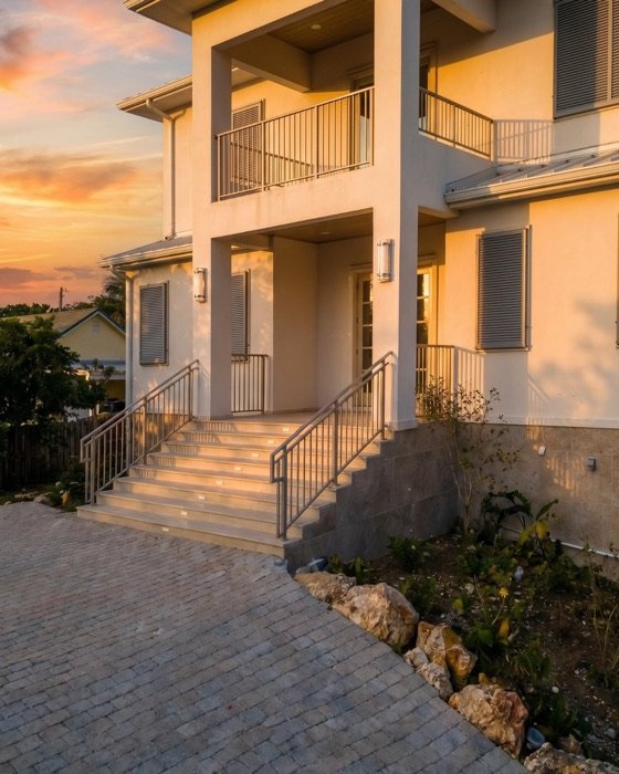 Two-storey J&R home balcony and staircase at sunset