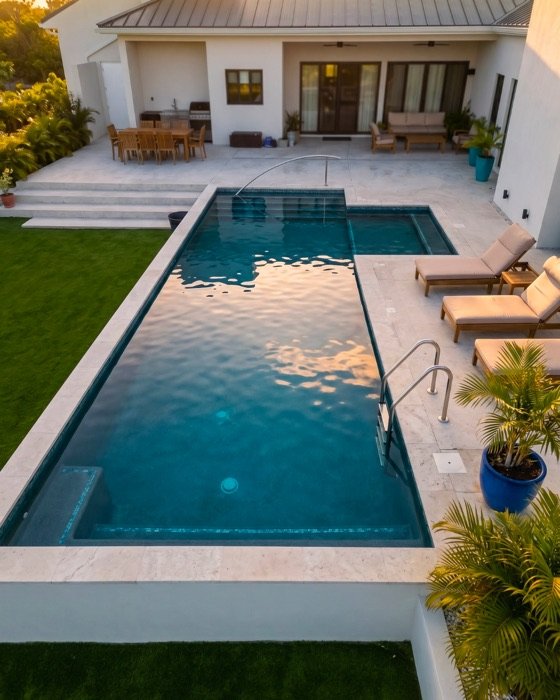 Aerial view of a J&R Construction pool deck at sunset